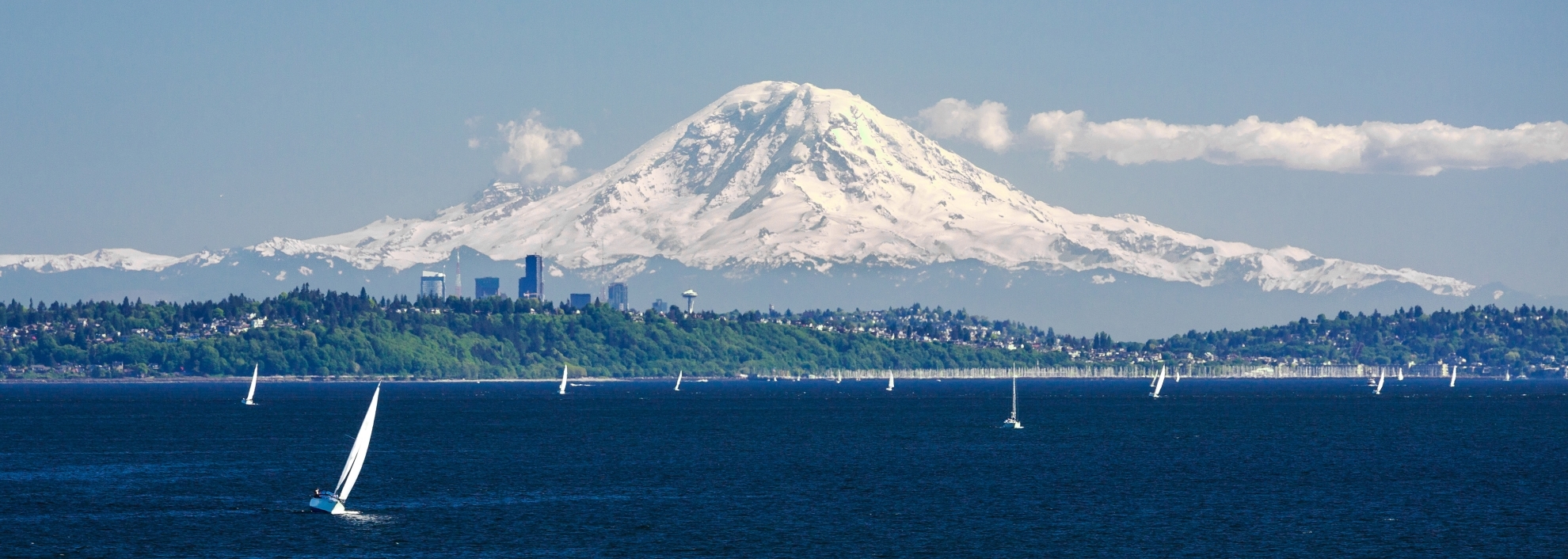 Mount Rainier Towering over Seattle, Puget Sound, and Sailboats on a Sunny Day